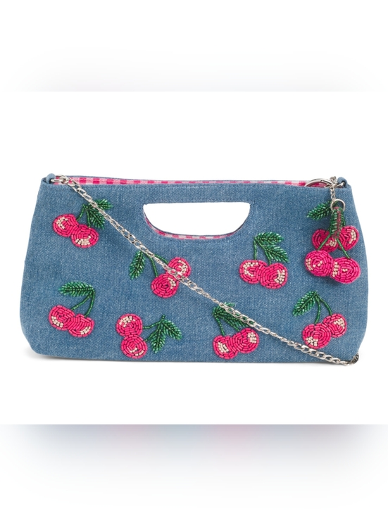 Marshalls Handbags - HANDMADE IN INDIA BLUE DENIM BEADED CLUTCH BAG W/ BAG CHARM *CHERRIES* NEW